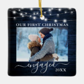 Onze eerste kerstverloofde blauw houten lichten fo keramisch ornament (Voorkant)