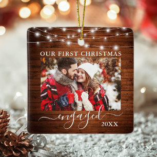 Onze eerste kerstverloofde houtverlichting foto keramisch ornament