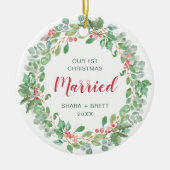 Onze eerste kerstvrouw met rode groene adem keramisch ornament (Voorkant)