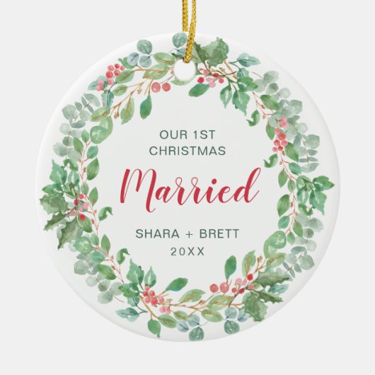 Onze eerste kerstvrouw met rode groene adem keramisch ornament (Voorkant)