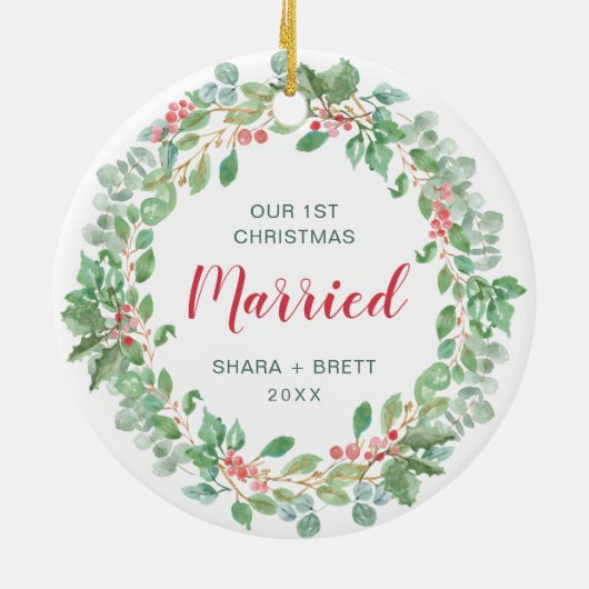 Onze eerste kerstvrouw met rode groene adem keramisch ornament (Achterkant)