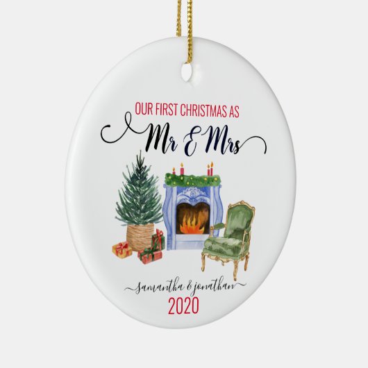 Onze eerste kerstvrouw trouwde Mr. Mrs. Home Keramisch Ornament (Rechts)