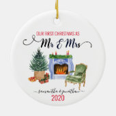Onze eerste kerstvrouw trouwde Mr. Mrs. Home Keramisch Ornament (Achterkant)