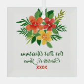 Onze eerste kerstWaterverf Green Flora Couple Glas Ornament (Achterkant)