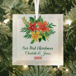Onze eerste kerstWaterverf Green Flora Couple Glas Ornament