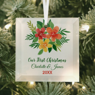 Onze eerste kerstWaterverf Green Flora Couple Glas Ornament