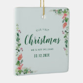 onze eerste kerstwinter floraal keramisch ornament (Rechts)