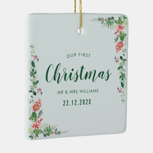 onze eerste kerstwinter floraal keramisch ornament (Rechts)
