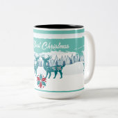 Onze eerste kerstwintersneeuw noordse rendieren tweekleurige koffiemok (Voorkant rechts)