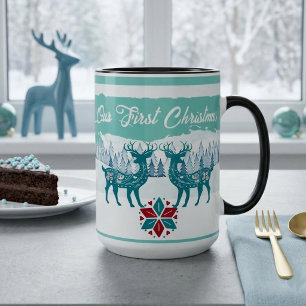 Onze eerste kerstwintersneeuw noordse rendieren tweekleurige koffiemok