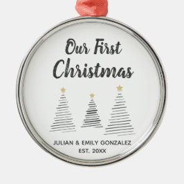 Onze eerste kerstzwarte en witte elegante bomen metalen ornament