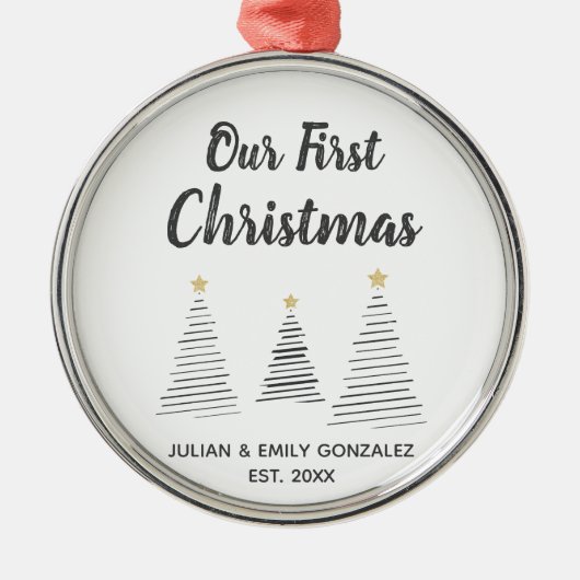 Onze eerste kerstzwarte en witte elegante bomen metalen ornament (Voorkant)