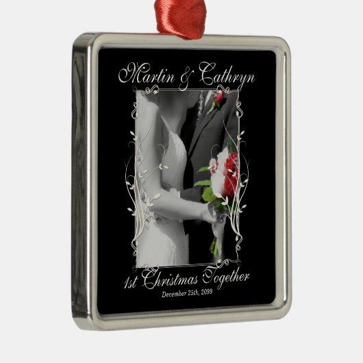 Onze eerste kerstzwarte en witte kerst metalen ornament (Rechts)