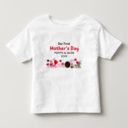 Onze eerste Moederdag eigen naam baby t-shirt (Voorkant)