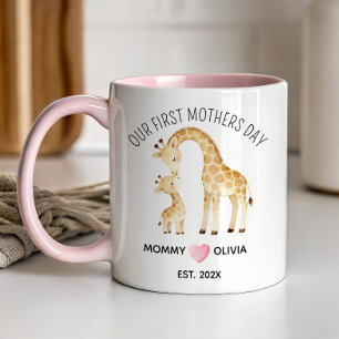 Onze Eerste Moederdag, Giraffe Moeder en Baby Mokk Tweekleurige Koffiemok