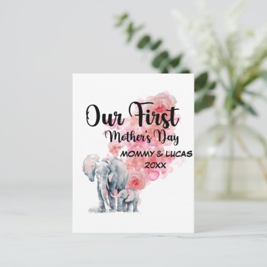 Onze eerste Moederdag mama en Baby olifanten Briefkaart (Staand voorkant)