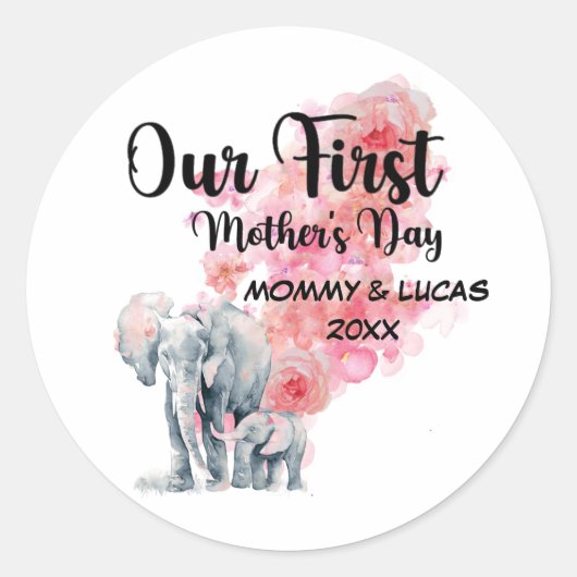Onze eerste Moederdag mama en Baby olifanten Ronde Sticker (Voorkant)