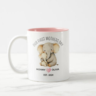 Onze eerste Moederdag, Olifant Moeder en Baby Mug Tweekleurige Koffiemok