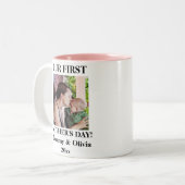 Onze eerste Moederdag, persoonlijke foto en naam Tweekleurige Koffiemok (Voorkant links)