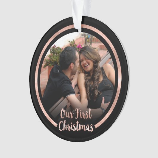 Onze eerste Roos Gold Script-foto met Kerstmis Ornament (voorkant)