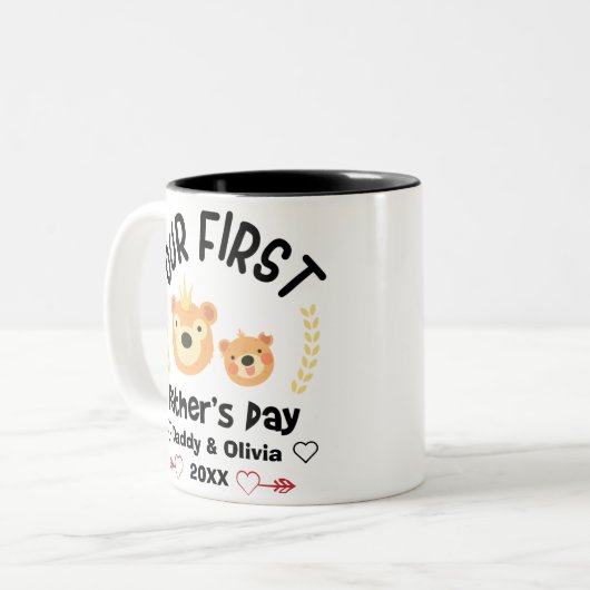 Onze eerste vaderdag 2023, persoonlijke namen tweekleurige koffiemok (Voorkant links)