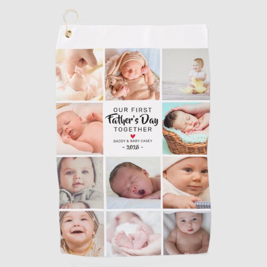 Onze eerste Vaderdag fotocollage Golfhanddoek (Voorkant)