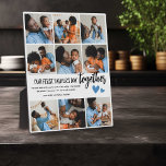 Onze eerste Vaderdag samen! Fotocollage Fotoplaat<br><div class="desc">Creëer je eigen speciale eerste Vaderdag foto collage plaque. Met 9 insta-stijl vierkante afbeeldingen met de tekst 'Ons eerste Vaderdag samen' is het woord samen in modern script, twee schattig klein blauw hart dat kan worden gewijzigd in elke kleur, een zoete boodschap die je kunt behouden of wijzigen en naam/namen....</div>