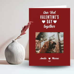 Onze Eerste Valentijnsdag Samen Foto Rood Feestdagen Kaart