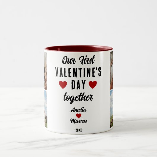 Onze eerste Valentijnsdag Samen Hart 2 foto's Tweekleurige Koffiemok (Center)