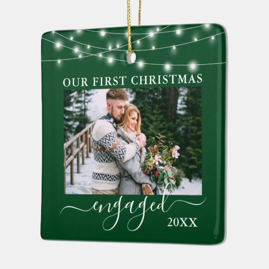 Onze eerste verloofde kerstverlichting Foto Groen Keramisch Ornament (Links)