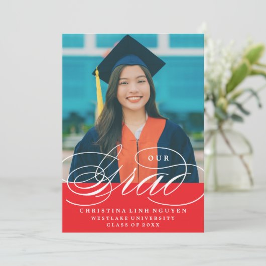 ONZE ELEGANTE SCRIPT GRAD | AFSTUDEERUITNODIGING KAART (Staand voorkant)