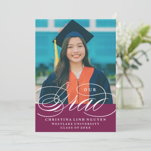 ONZE ELEGANTE SCRIPT GRAD | AFSTUDEERUITNODIGING KAART (Staand voorkant)