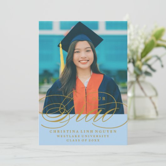 ONZE ELEGANTE SCRIPT GRAD | AFSTUDEERUITNODIGING KAART (Staand voorkant)