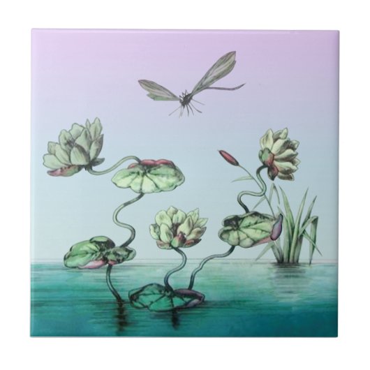 Onze exclusieve! OAK Waterlilies Dragonfly HP Tegeltje (Voorkant)