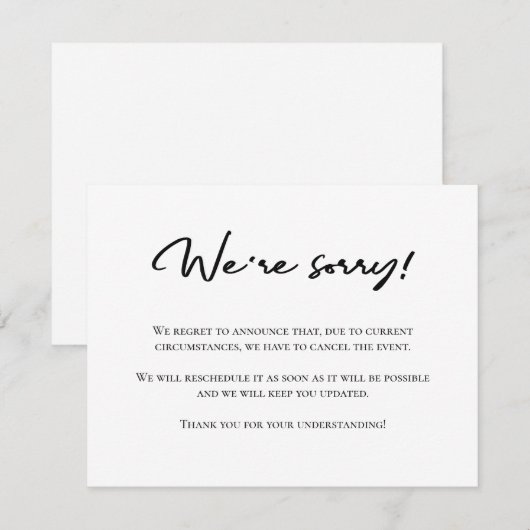 Onze excuses zwart wit annulering aankondiging (Voorkant / Achterkant)