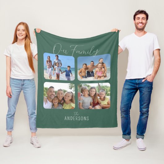 Onze familie kalligrafie script 4 foto's groen fleece deken (In situ)