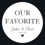 ONZE FAVORIETE Dessert Snoep Bar hart bruiloft gun Ronde Sticker<br><div class="desc">Een Classic Black Thank You Wedding-Sticker met "Our Favorite" in een klassiek modern elegant lettertype. U kunt het gemakkelijk personaliseren met uw namen en trouwdatum.</div>