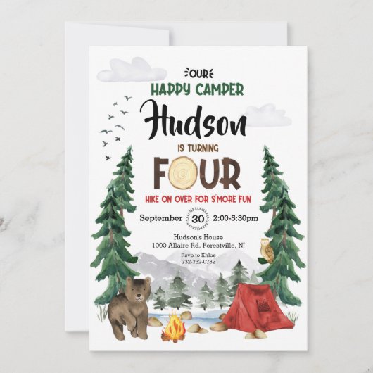 Onze gelukkige kampeerder is vier verjaardagsuitno kaart (Voorkant)