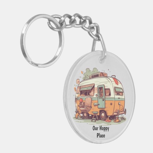 Onze gelukkige plaats campingaanhangwagen sleutelhanger (Voorkant Links)