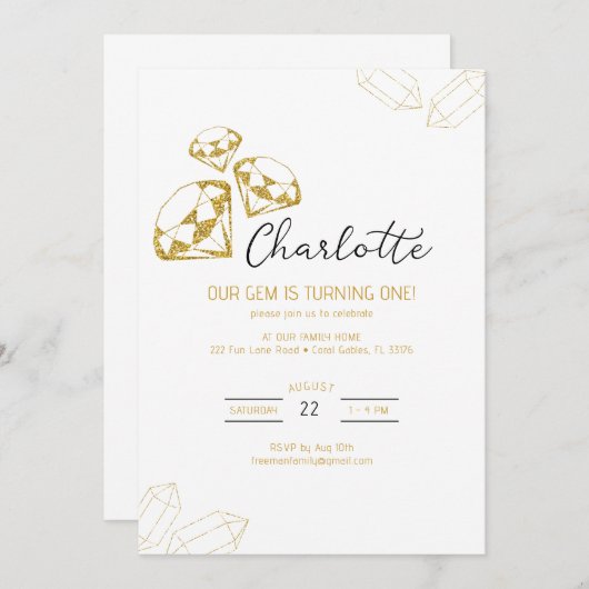 Onze Gem Verjaardag Uitnodiging Gold Diamond Theme (Voorkant / Achterkant)