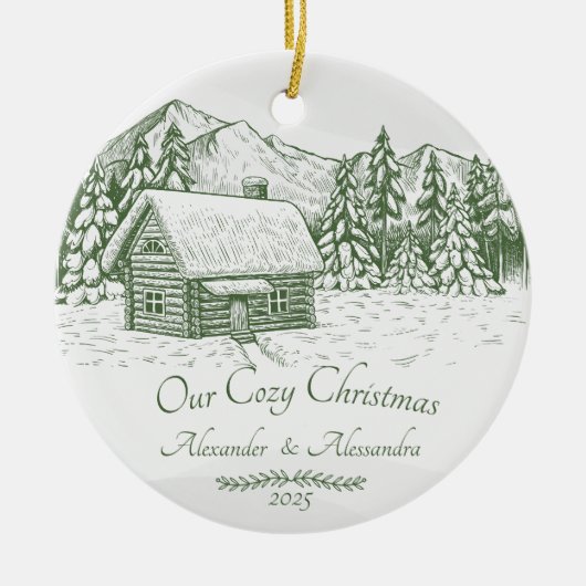 Onze gezellige Kerst Winter Log Cabin Keramisch Ornament (Voorkant)