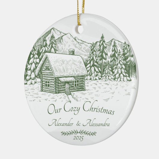 Onze gezellige Kerst Winter Log Cabin Keramisch Ornament (Links)
