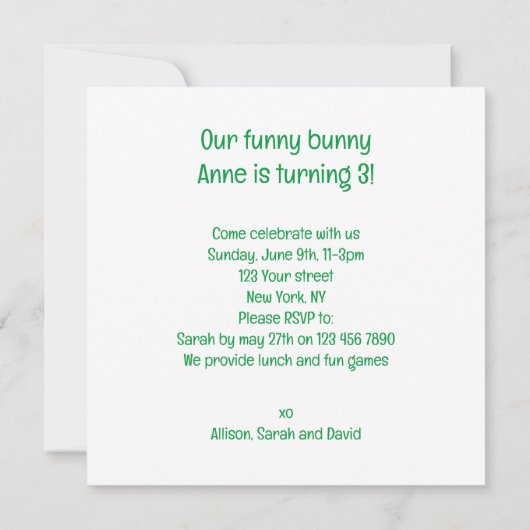Onze grappige bunny, bunny verjaardagsuitnodiging kaart (Achterkant)