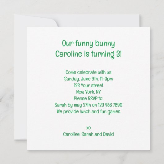 Onze grappige konijn, konijn verjaardagsuitnodigin kaart (Achterkant)