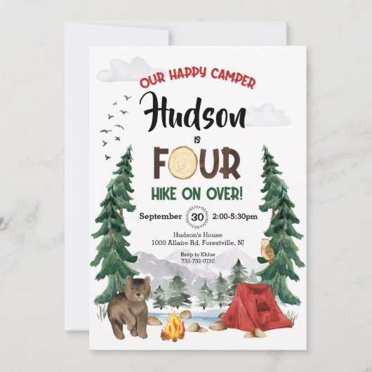 Onze Happy Camper is vier verjaardag uitnodiging (Voorkant)