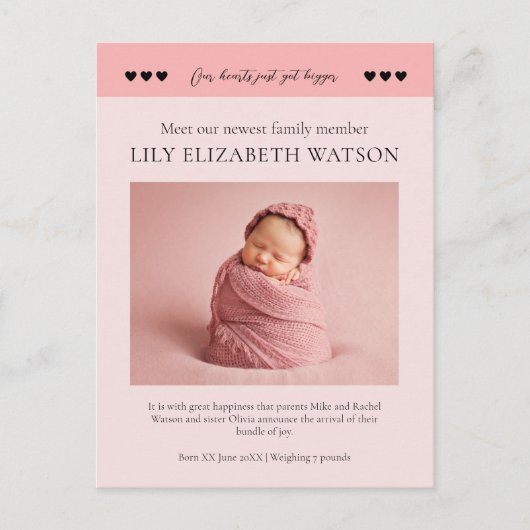 Onze harten werden groter, Baby Geboorteaankondigi Briefkaart (Voorkant)