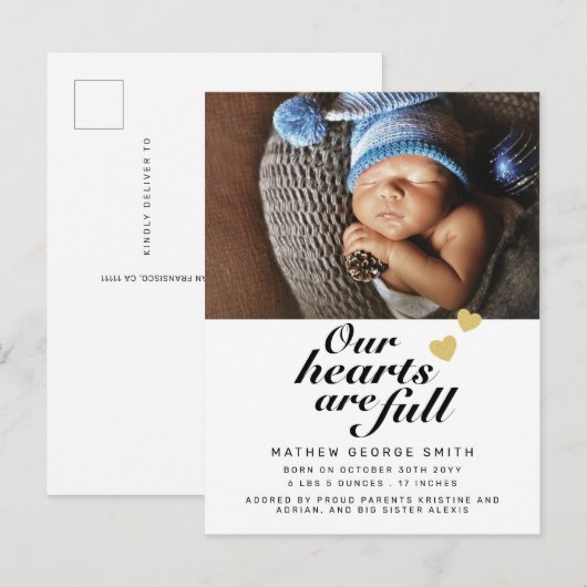 Onze harten zijn Full Modern 1 Foto Baby Geboorte Aankondigingskaart (Voorkant / Achterkant)