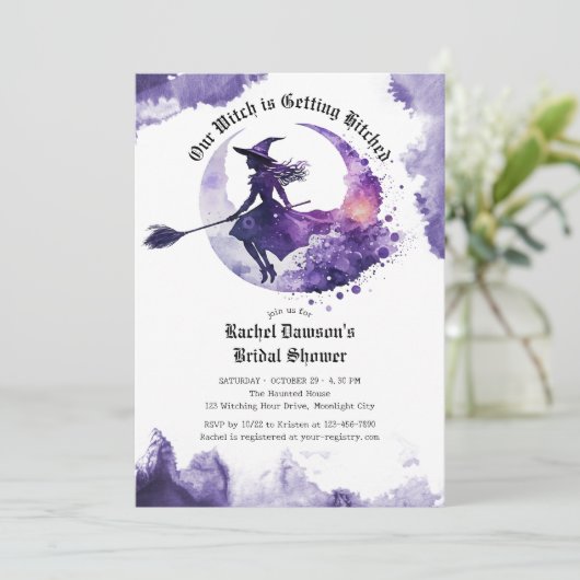 Onze heks krijgt een Paarse Vrijgezellenfeest Kaart (Staand voorkant)