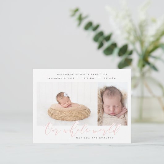 Onze hele wereld multi foto geboorte aankondiging (Staand voorkant)