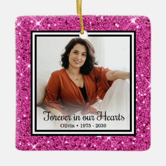 Onze Herinnering Forever Roze Glitter Herdenkingso Keramisch Ornament (Voorkant)